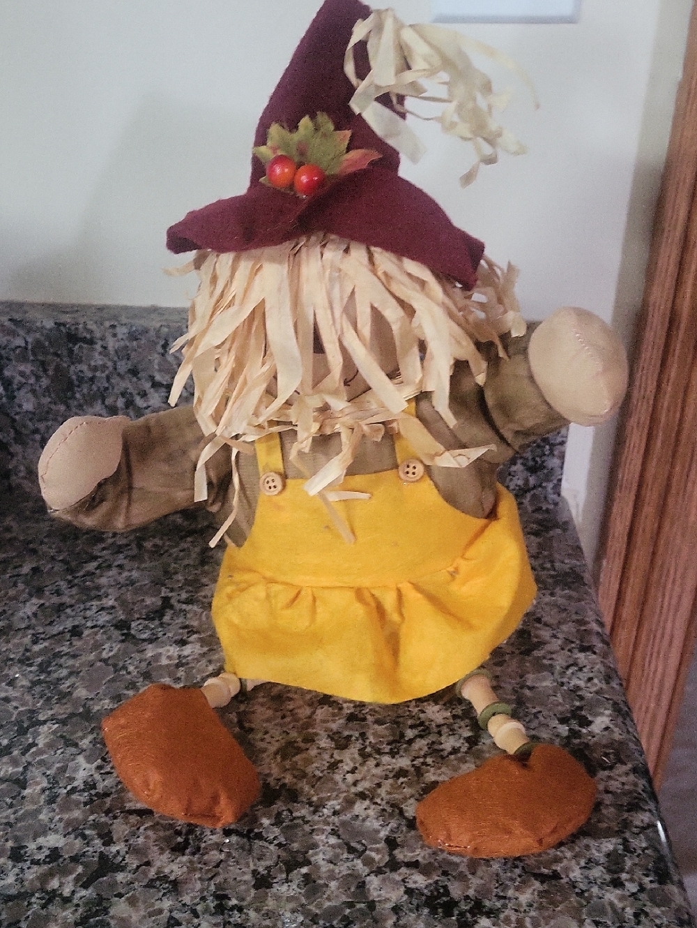 HandMade Scarecrow decoration w/ Burgundy Hat sits on counter super cute!  11"